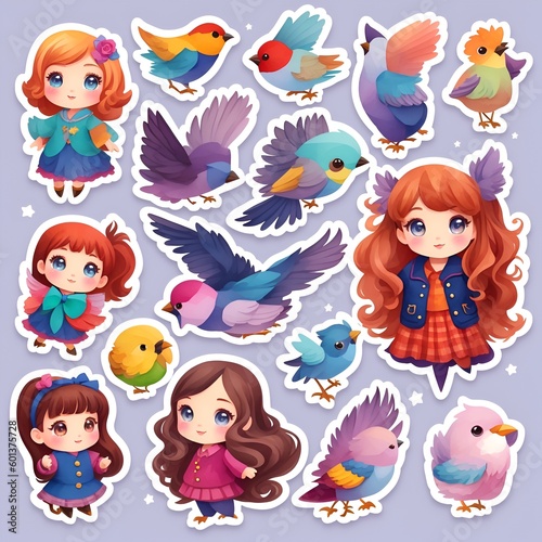 Cute little girls and birds cartoon sticker set. Generate Ai.