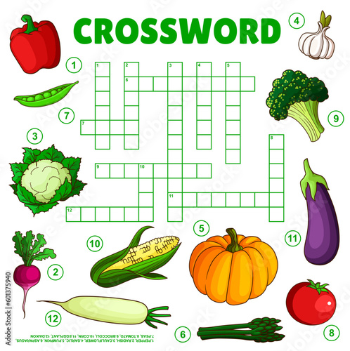 Raw farm vegetables on crossword grid worksheet. Find a word quiz game, preschool child vocabulary test or children puzzle vector book page template. Kindergarten kids educational playing activity