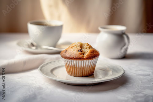 A muffin sitting on a plate next to a cup of coffee. AI generative.