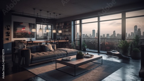 The interior of a luxury apartment in a modern building with panoramic windows and a stunning view of the city Generative AI
