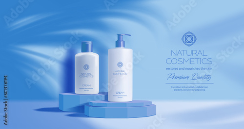 Blue cosmetics podium mockup or product display ad background, vector leaves shadow. Skincare and beauty product display podium with cream or lotion bottles on premium pedestal, cosmetics stand podium