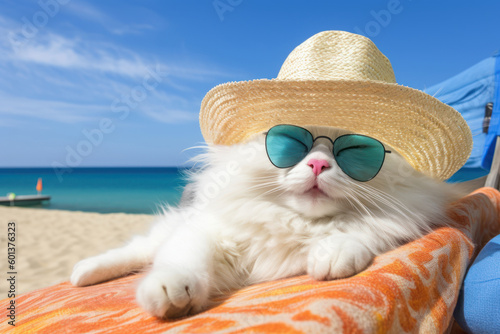 Cat with sunglasses lying in deck chair. Сat is resting on the sea. Generative AI