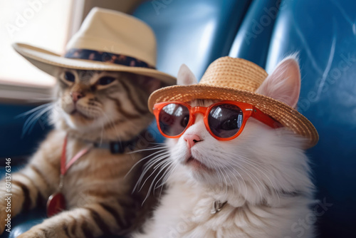 Cats in a hat go to rest at sea. Cats travelers. Generative Ai