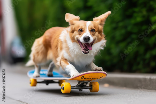 Funny dog rides a skateboard. Corgi on a skateboard. Generative Ai © olgakudryashova