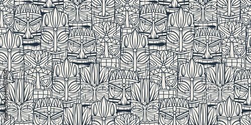 Wooden tiki mask seamless pattern or hawaii surfing background for tiki bar. Traditional ethnic idol and hawaiian surf, maori or polynesian. Design old tribal totem.