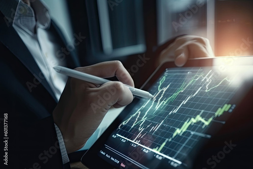 Close-up of business consultant pointing to graphs and charts analyzing on digital tablet screen, created with Generative AI