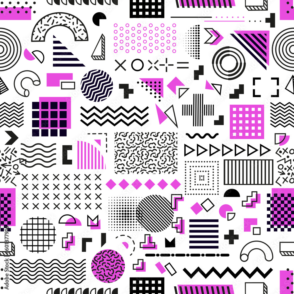 Memphis geometric shapes seamless pattern, vector background of abstract line elements. Memphis geometric pattern of circle, triangle and purple color dots, retro art or modern trendy pattern shapes Memphis geometric shapes seamless pattern, vector background of abstract line elements. Memphis geometric pattern of circle, triangle and purple color dots, retro art or modern trendy pattern shapes