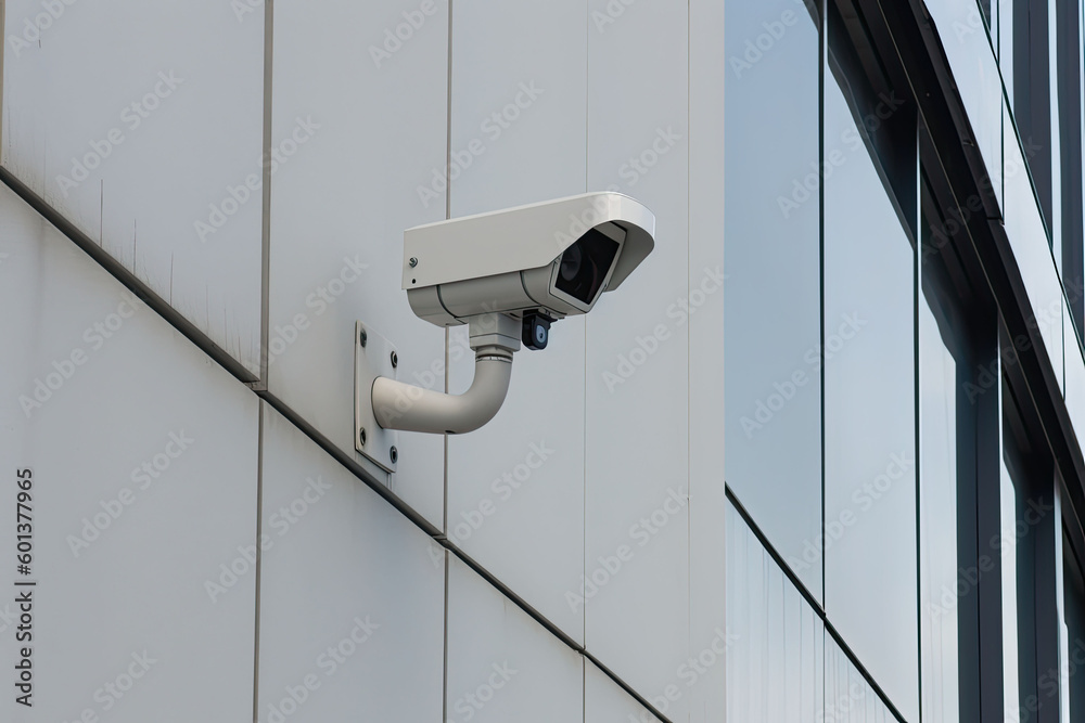 Security camera on modern building. CCTV on the wall in the city. Generative AI Security camera on modern building. CCTV on the wall in the city. Generative AI
