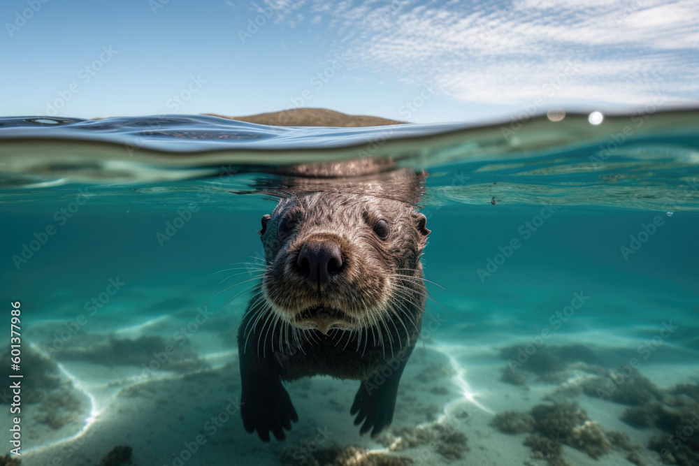 Fototapeta premium A cute sea otter swimming underwater. Waves on a sandy beach above water. Generative AI