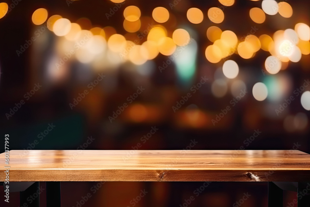 Wooden table in front of abstract blurred background of colorful restaurant lights. Generative AI
