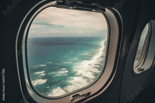View of the beach and sea the airplane window. Travel and tourism concept. Generative AI © barmaleeva