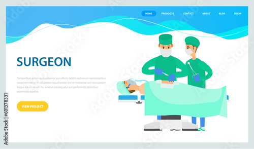 Two surgeons or physicians holding scalpels performing surgical operation on lying patient landing page template. Surgery, medical procedure. Colored cartoon vector illustration in flat style