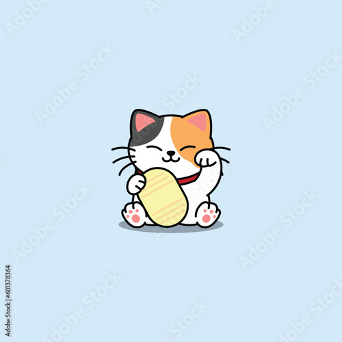 Maneki neko kawaii lucky cat three color cartoon, vector illustration