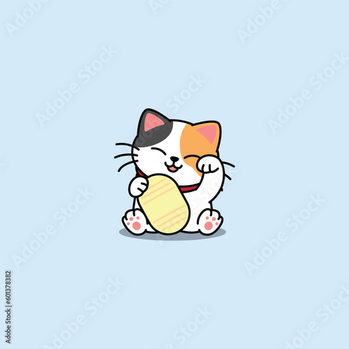 Maneki neko kawaii lucky cat three color cartoon, vector illustration