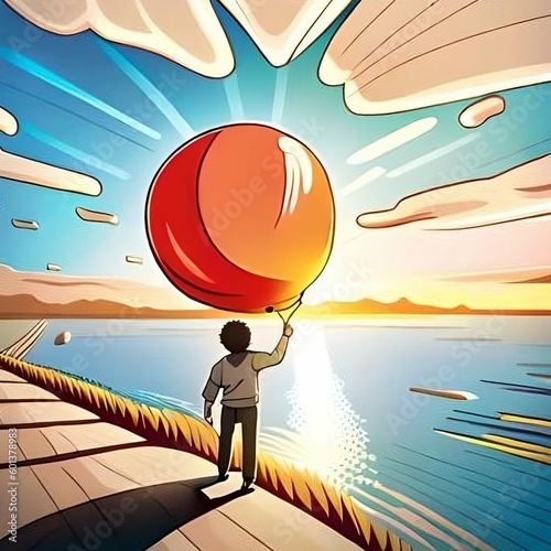 boy holding sun as a balloon, illustration (ID: 601378983)