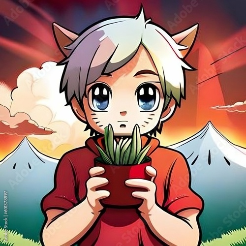 cat cute boy holding plant, looking at you (ID: 601378997)