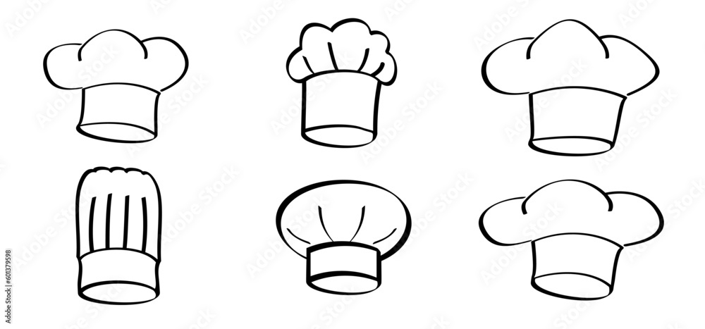 Cartoon chef's hats. Chef clothing uniform caps. Vector icon or symbol. Toque cuisine chef for kitchen. Chef hat or cap. Cook logo. - obrazy, fototapety, plakaty 