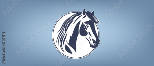 Vector simple round sticker with horse head. Purebred trotter. Monochrome emblem or badge.