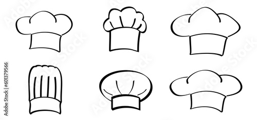 Cartoon chef's hats. Chef clothing uniform caps. Vector icon or symbol. Toque cuisine chef for kitchen. Chef hat or cap. Cook logo.