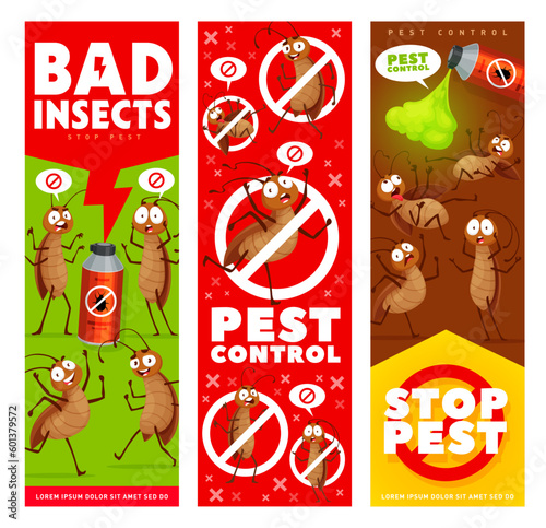 Pest control. Cartoon cockroach characters. Insect parasites extermination, pest control service or insecticide spray vertical banners or posters with frightened bug, funny cockroach personage