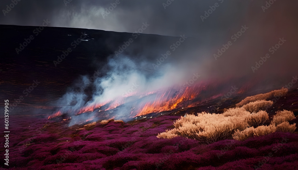 The controlled burning of heather moorland (swailing or muirburn) in winter on the slopes of Sgor Mor south of Braemar