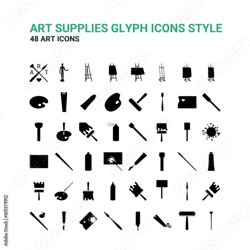 Art tools and accessories glyph icons style in the vector. Display easel, table easel, art paint, flat and round brushes, spray, palette knife,, art panel, artist manikin, wooden paint palette.