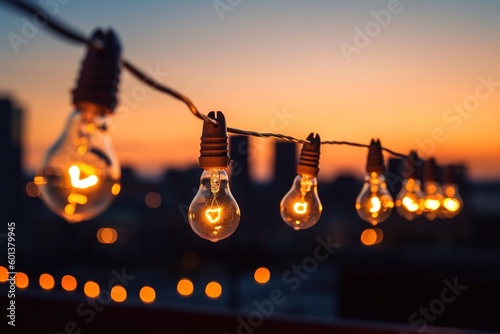 blurred bokeh light on sunset with yellow string lights decor