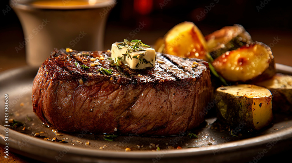 Perfectly Grilled Steak with Herb Butter and Roasted Vegetables. Perfectly Grilled Steak with Herb Butter and Roasted Vegetables.