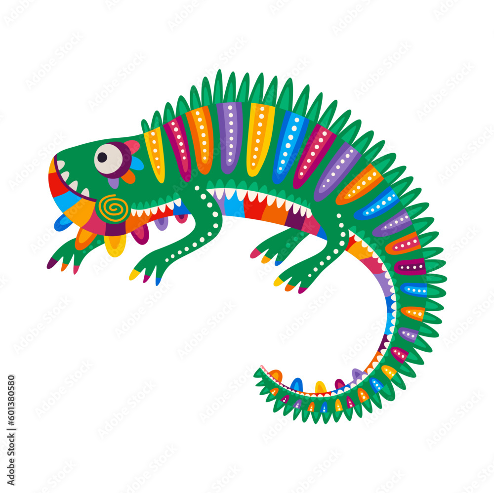 Cute lizard character, cartoon mexican chameleon with tribal print. Vector bright iguana with ornate colorful skin, curvy tail. Wild animal, funny reptile