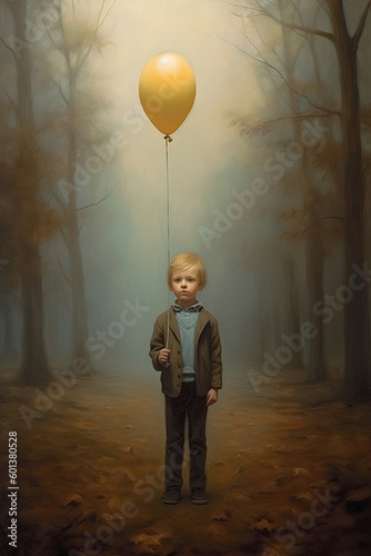 Little boy standing with a yellow balloon in a forest Generative AI