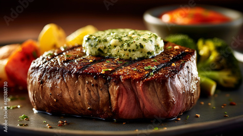 Perfectly Grilled Steak with Herb Butter and Roasted Vegetables.