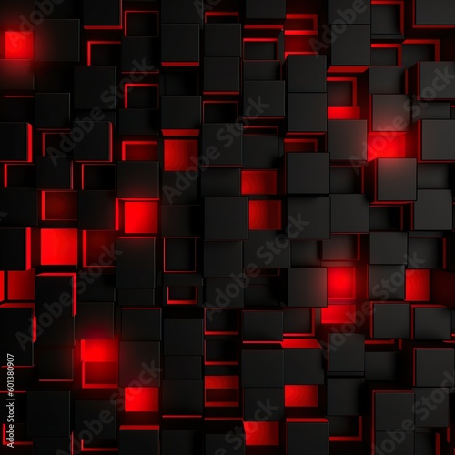 Black and red abstract geometric pattern featuring squares. The design is set against a background with ample space, perfect for web banners. It has a wide, panoramic aspect ratio. KI-Illustrationen