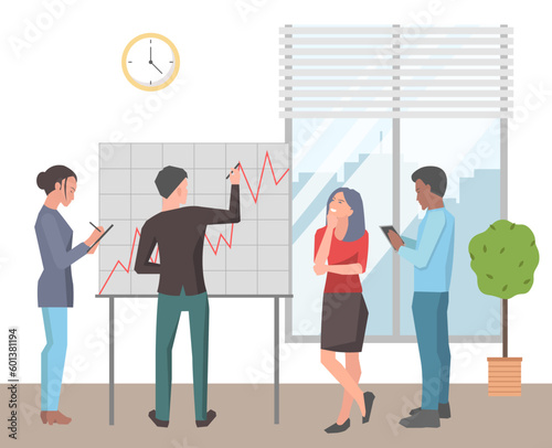 Office meeting business people man and woman discussing indicators. Man makes a presentation to colleagues in workspace. Businessmen are talking, communicating, discuss profit growth on the chart