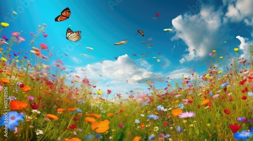 meadow with butterflies. Generative AI