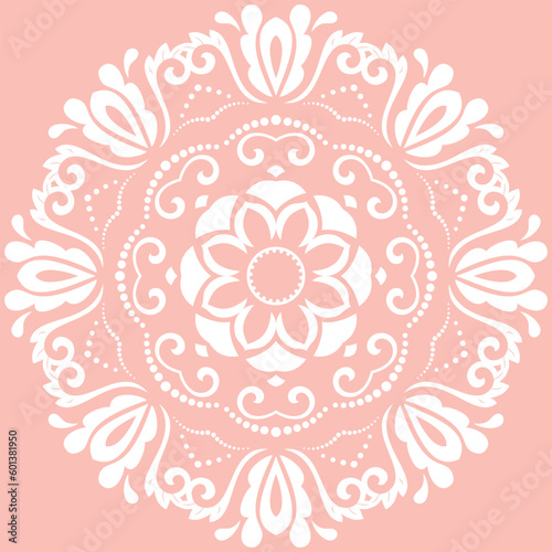 Elegant vintage vector round pink and white ornament in classic style. Abstract traditional ornament with oriental elements. Classic vintage pattern