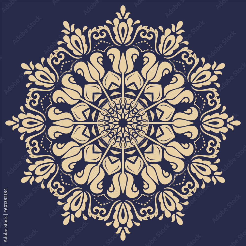 Oriental vector ornament with arabesques and floral elements. Traditional navy blue and yellow classic ornament. Vintage pattern with arabesques