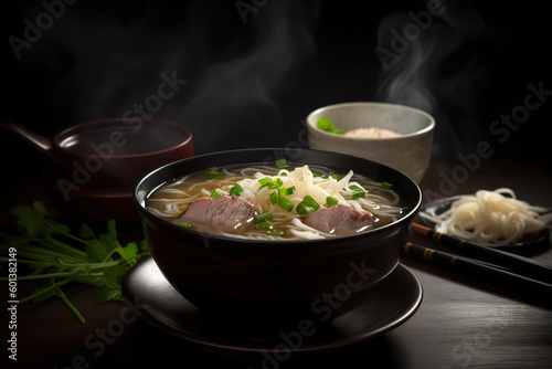 Pho, a savory broth-based soup made with rice noodles, herbs, and thinly sliced beef or chicken, generative AI Vietnamese dish