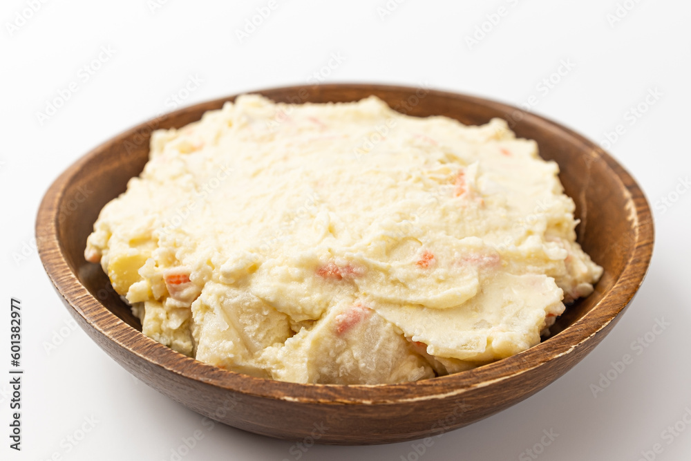 Mashed Potato Egg Salad on a white background