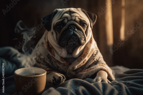 Pug enjoying morning coffee in bed. Generative AI. © Mark K. Barry