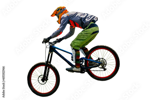 male rider on downhill bike jumping drop, racing DH mountain bike, isolated on transparent background photo