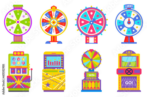 Machinery for playing and gambling vector, isolated set of game machine flat style. Arcade gambling games in casino. Fortune wheel pointing on money and reward in casino. Gaming computer machinery