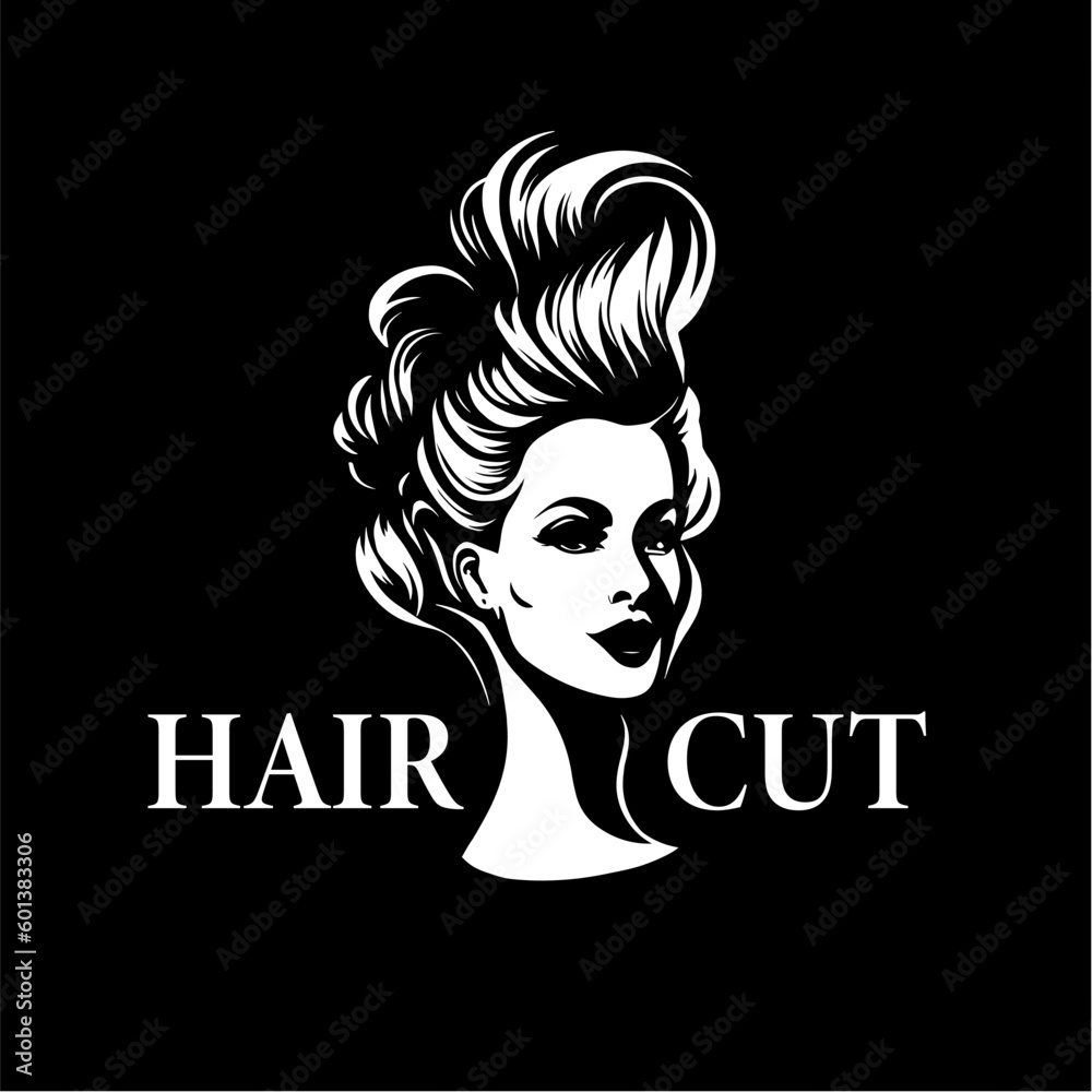 Haircut logo Woman face hair silhouette vector white lines style