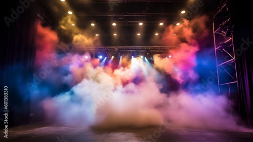 Vibrant stage in the glow of colored spotlights, with smoke adding an air of mystery and drama. The image captures the anticipation and excitement inherent in live performances. Generative AI photo