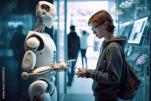 A woman looking at her phone while standing next to a robot. Generative AI.