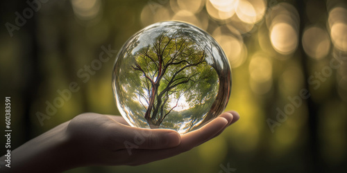 Hand holding a glass ball with a tree inside of it, nature reserve concept, Generative AI