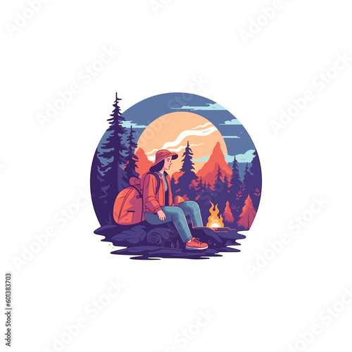 illustration of Man and woman traveling in mountains and forest with backpacks cooking on fire, sitting, sleeping in tent. 