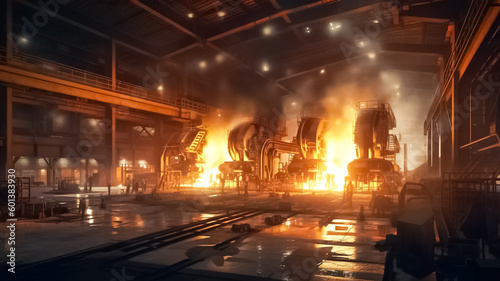 Metallurgical plant or Steel Factory  Large Workshop Interior with industrial cranes. Heavy Industry  Iron and Steelmaking. 