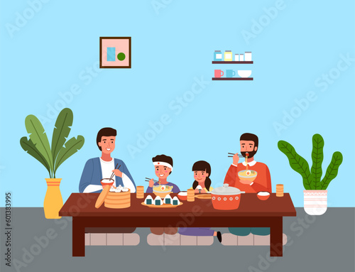 Family at a Japanese-style evening dinner. Relatives are eating and communicating in the apartment. People in national oriental costumes taste traditional dishes. Dining table with sushi and manti