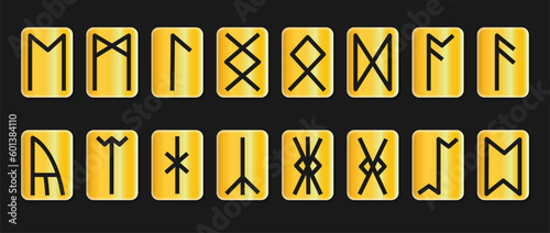 Set of golden runes on black background 