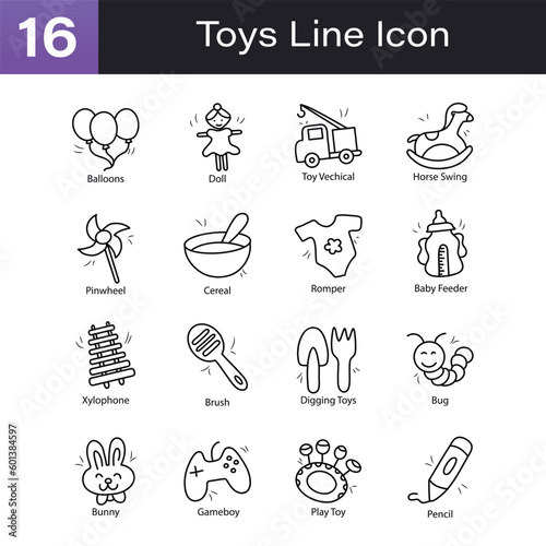 Toys Outline Hand Draw icon Set 03. EPS 10 File
